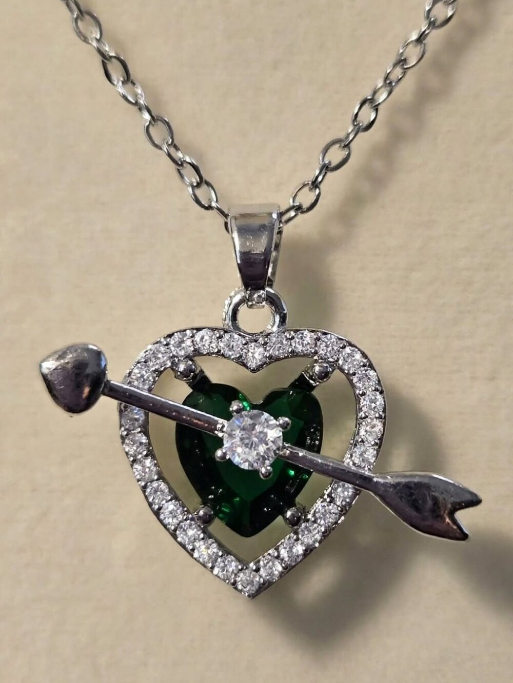 Green Heart Arrow Pendant Necklace Made With Swarvorski Austrian Crystals